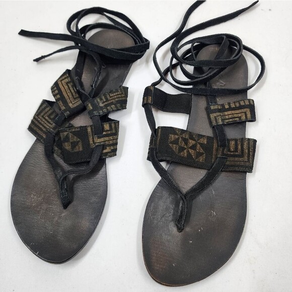 Free People Aztec Pattern Black Suede Lace Up Thong Gladiator Sandals 41 10 - Picture 2 of 7